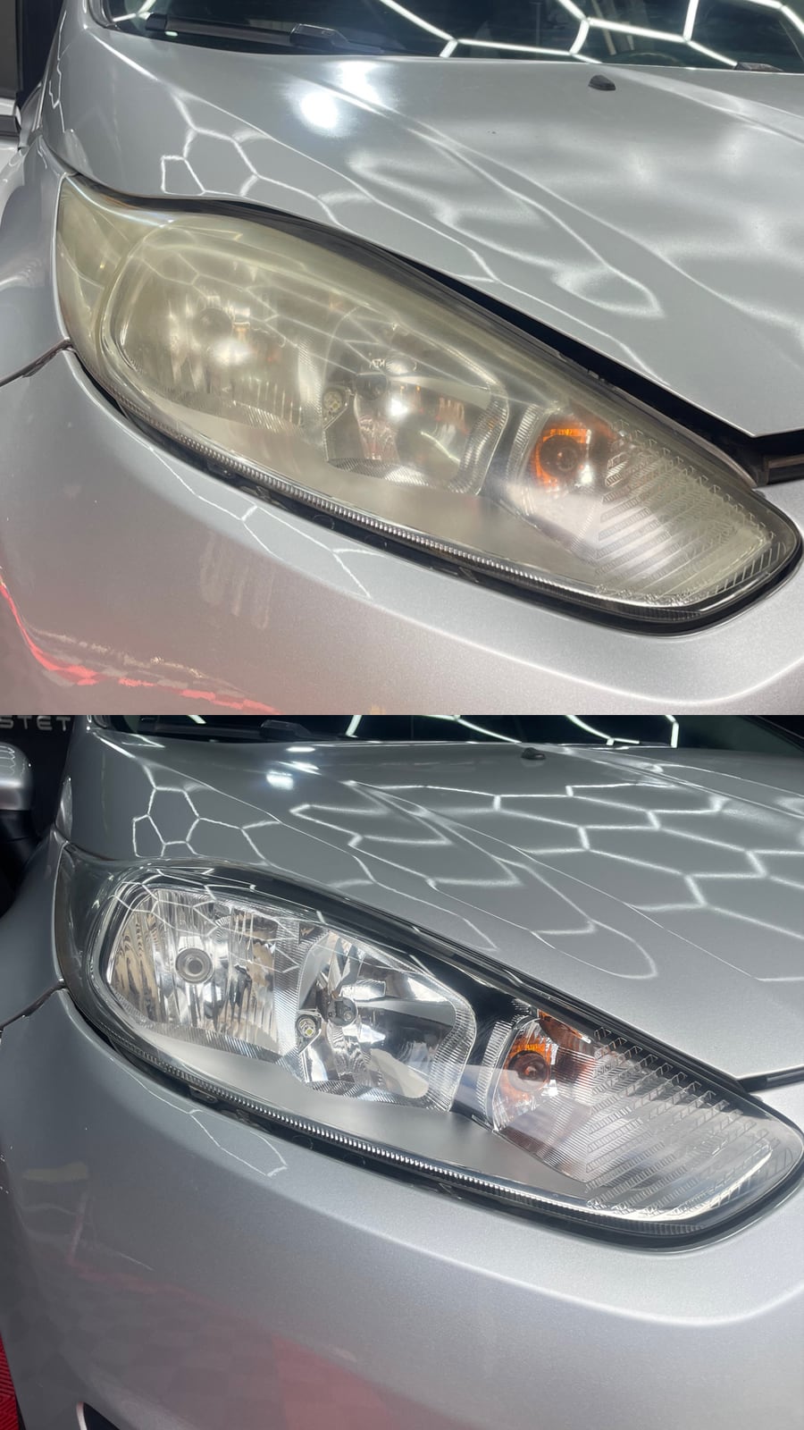 Antes e depois da restauração de faróis realizada pela Red Route
